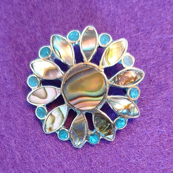 Vintage Mexican Abalone & Turquoise Inlaid Alpaca Silver Flower Brooch - Picture 10 of 11
